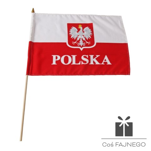 Flaga POLSKA 30x40 cm z uchwytem drewnianym z godlem, 0